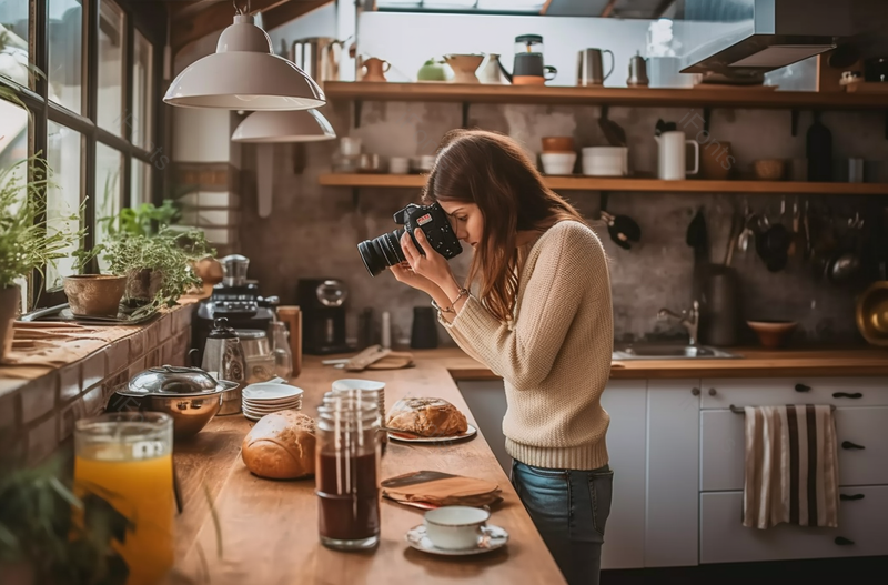 女摄影师在餐桌上拍摄食物,高清,摄影图,摄影图片,图片大全,摄影图免费下载
